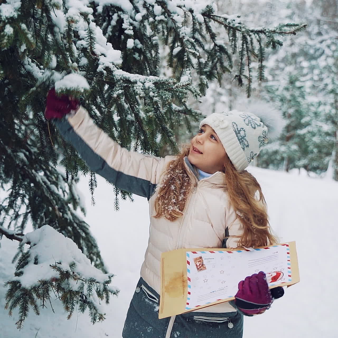 Happy child is holding a big envelope and playing with snow. A little girl shakes snow off a fir tree in winter on the snowy background.