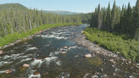 gorgeous aerial flyover shot of a powerful river running through the woods of newfoundland and labrador, canada