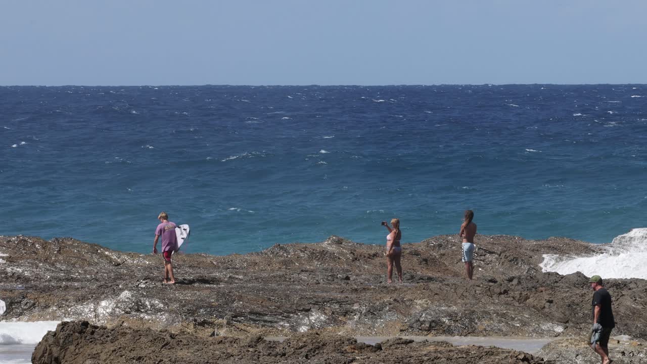 grupo de surfistas entrando y saliendo de las olas del océano