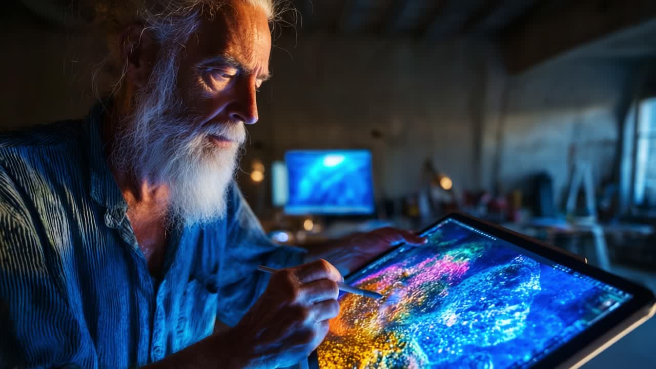 An artist meticulously creating a vibrant digital masterpiece on a tablet, showcasing a mesmerizing blend of colors and patterns in a dimly-lit studio environment