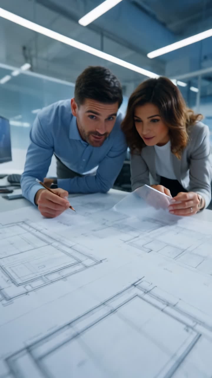 Architects or engineers reviewing blueprints in an office