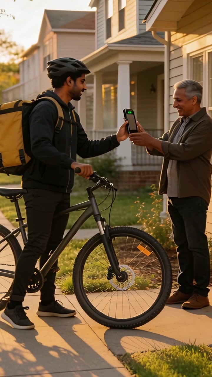 Vertical video: Arriving courier wearing helmet showing phone for delivery on porch
