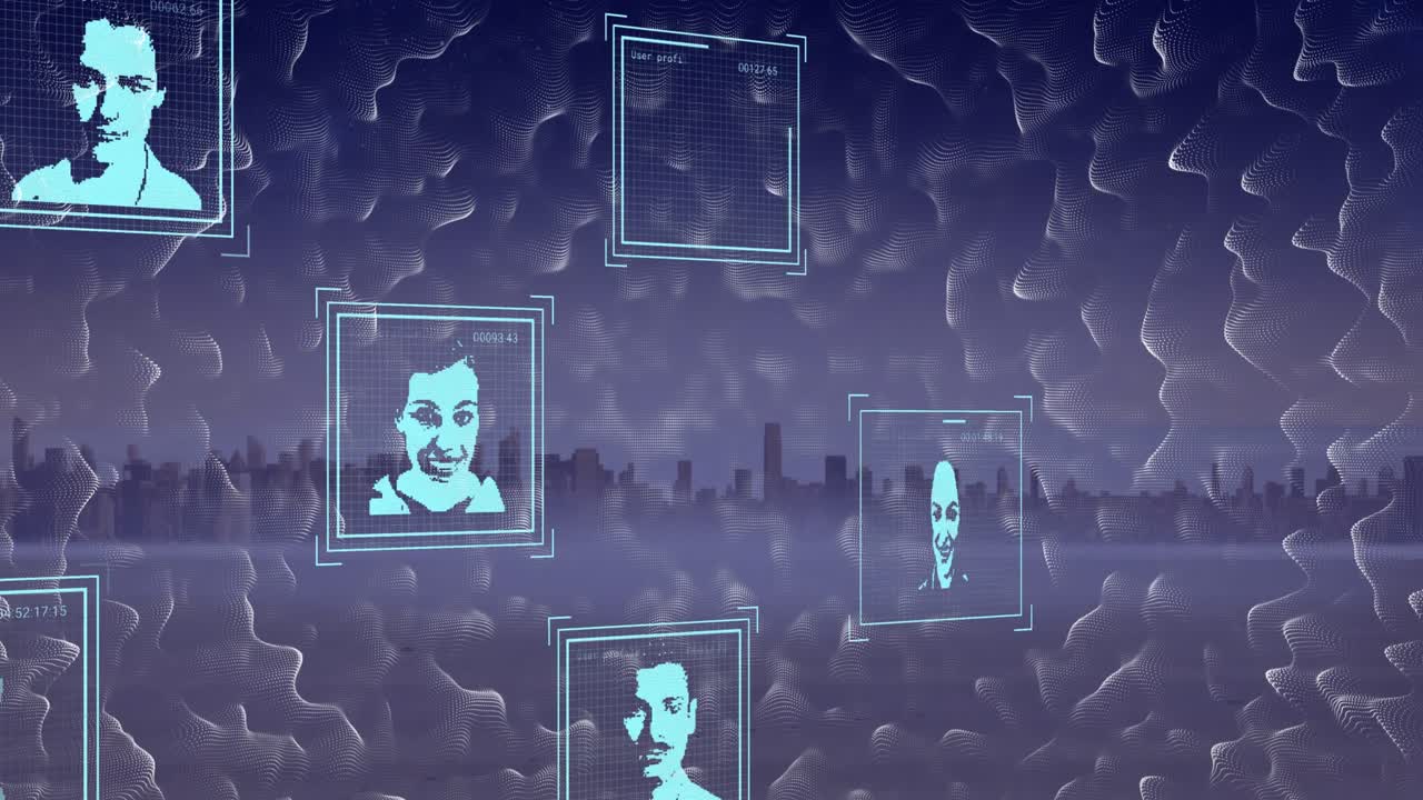 Animation of shapes and data processing with people portraits over cityscape