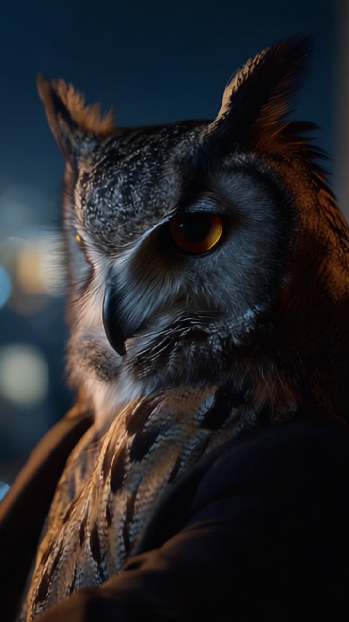 Eine majestätische Eule steht hoch vor einem Nachthimmel, zeigt komplizierte Federn und auffällige Augen, wunderschön in hoher Detailgenauigkeit für ein fesselndes Bild gerendert.
