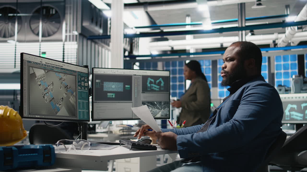 Engineer working on design in manufacturing plant