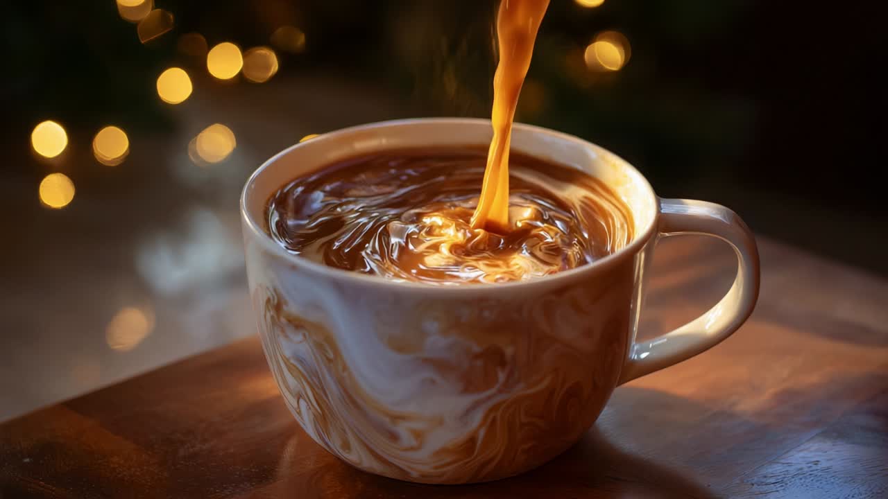 Captivating Moments of Coffee Artistry: The Visual Transformation as Cream Currents Dance in the Cup, Showcasing the Richness of Brewed Perfection Against a Warm, Cozy Background