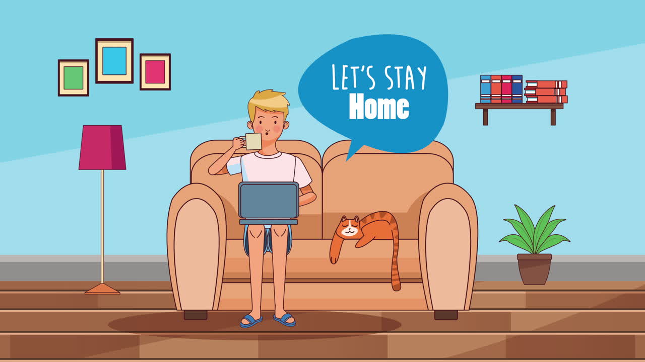 코로나19 예방 방법으로 집에서 소파에서 일하는 남자