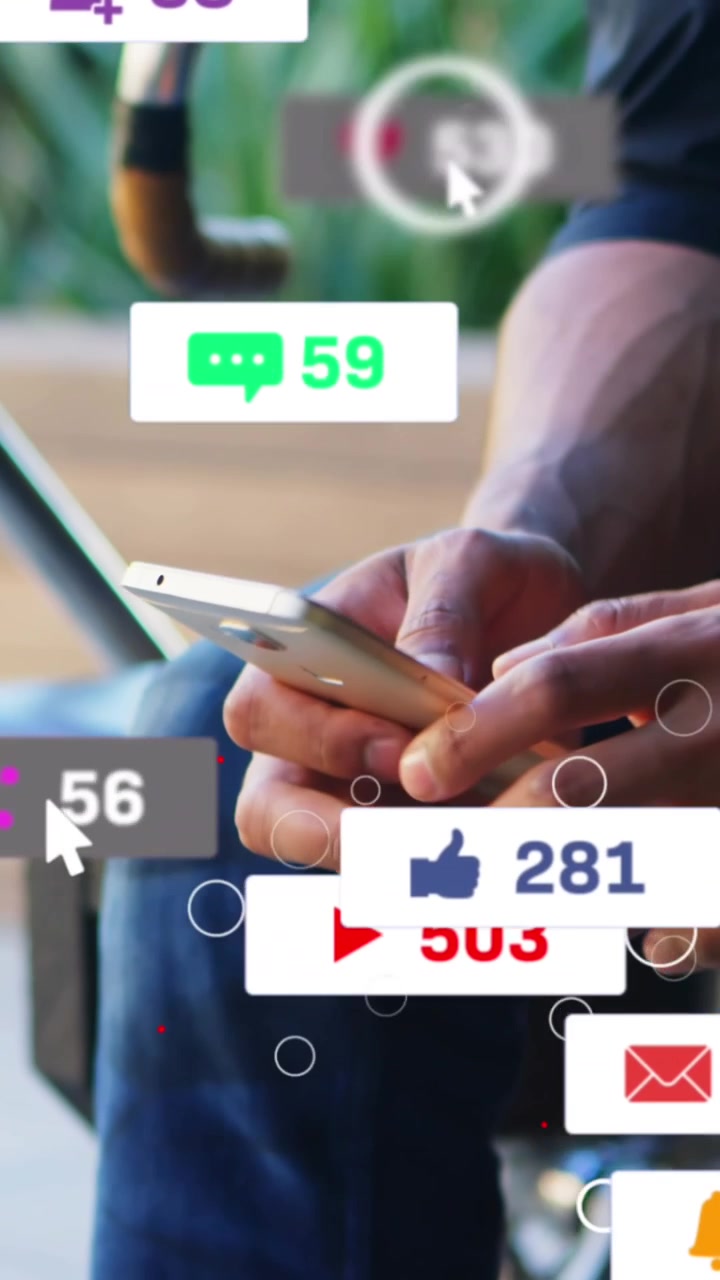 Animation of social media icons and numbers on banners over man using smartphone