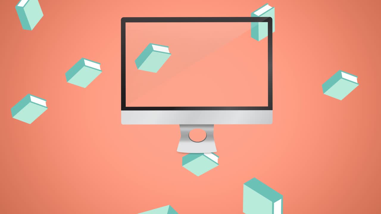 animación de cuadernos azules que caen y pantalla de computadora en rosa