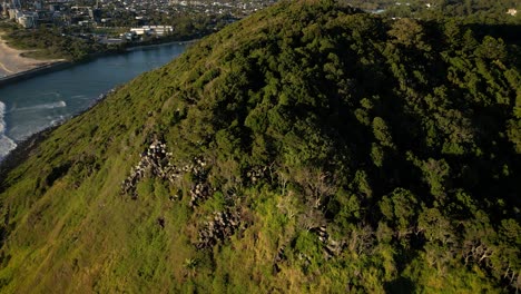 Aerial-over-the-top-of-Burleigh-Heads,-Gold-Coast,-Australia