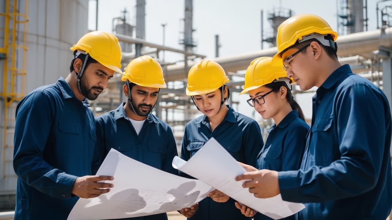Team of Engineers Collaborating on Project Plans at a Construction Site, Analyzing Technical Drawings and Blueprints in Safety Gear Under the Sunlight