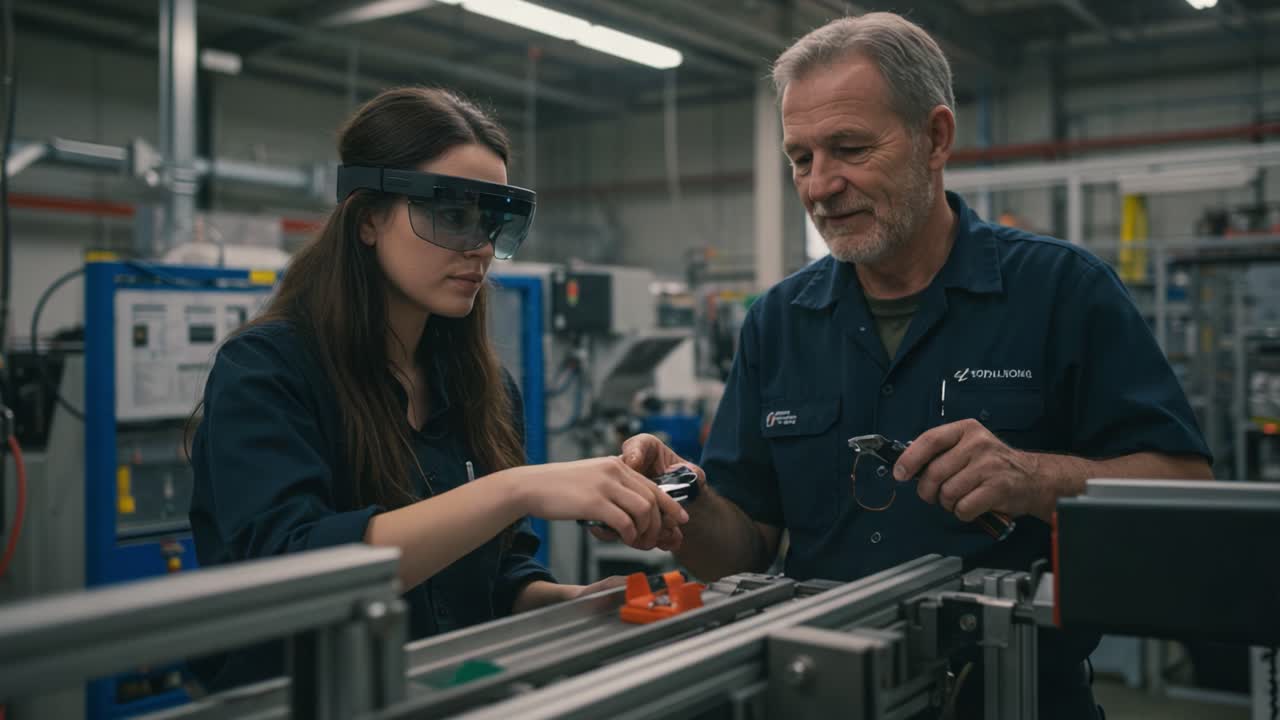 A Dedicated Mentorship Moment in a Modern Manufacturing Facility: A Skilled Technician Guides a Young Apprentice in Learning Advanced Equipment Handling with Precision Tools.