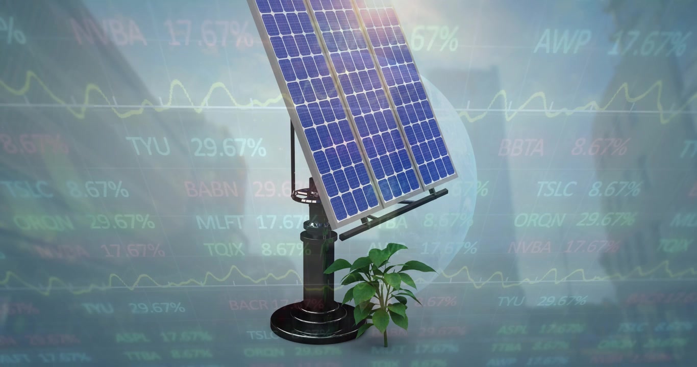 Animazione di elaborazione dati finanziari su un pannello solare su sfondo di paesaggio urbano