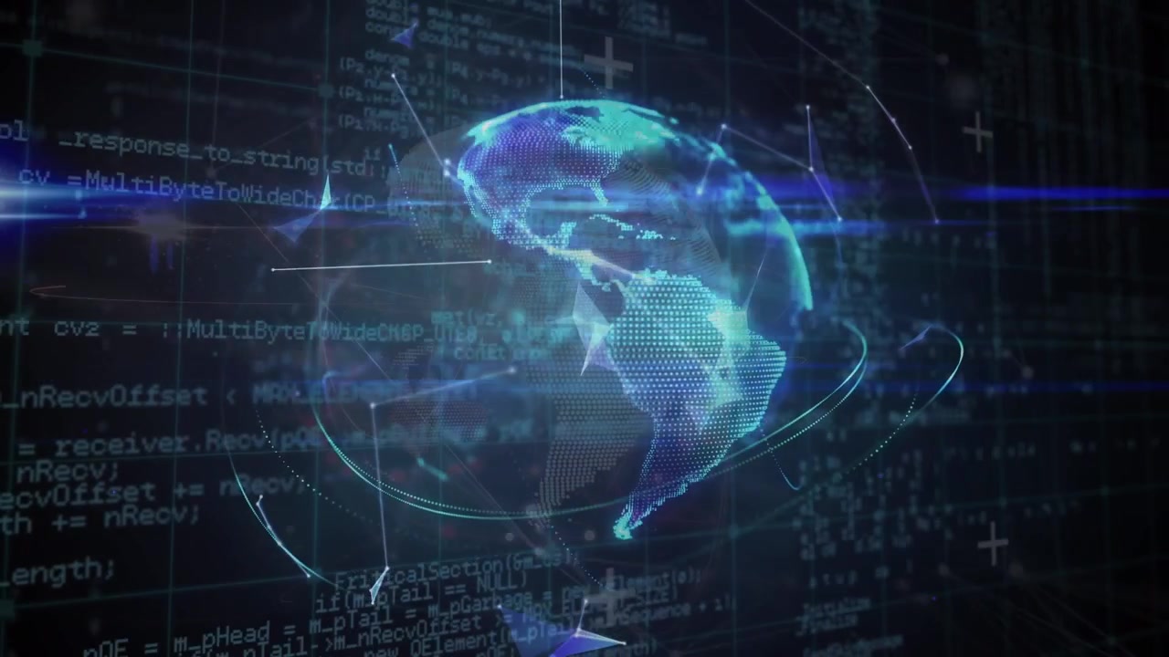 Animation of data processing, globe and network of connections