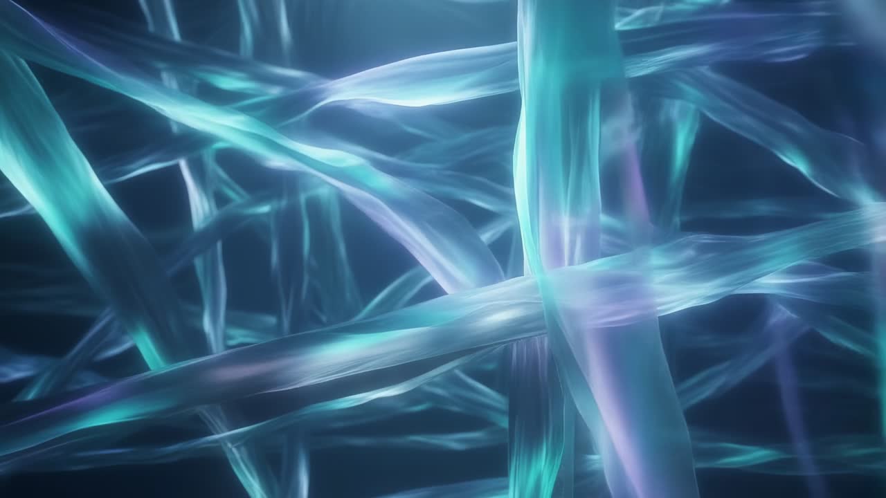 Shifting camera revealing glossy strands sliding, rotating in dark void with cyan teal lavender