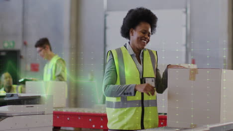 mid adult woman wearing safety vest scanning box on conveyor belt in logistics showing moving chart