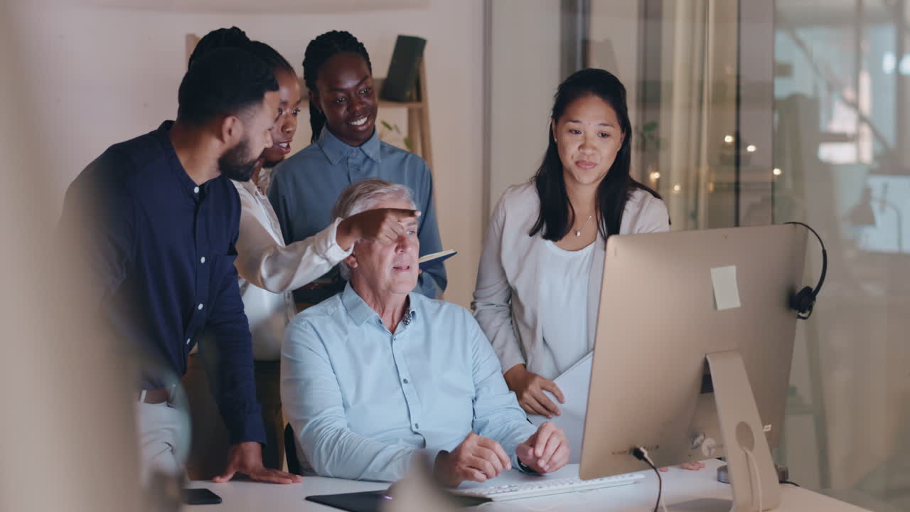 Idea, teamwork and business people on computer