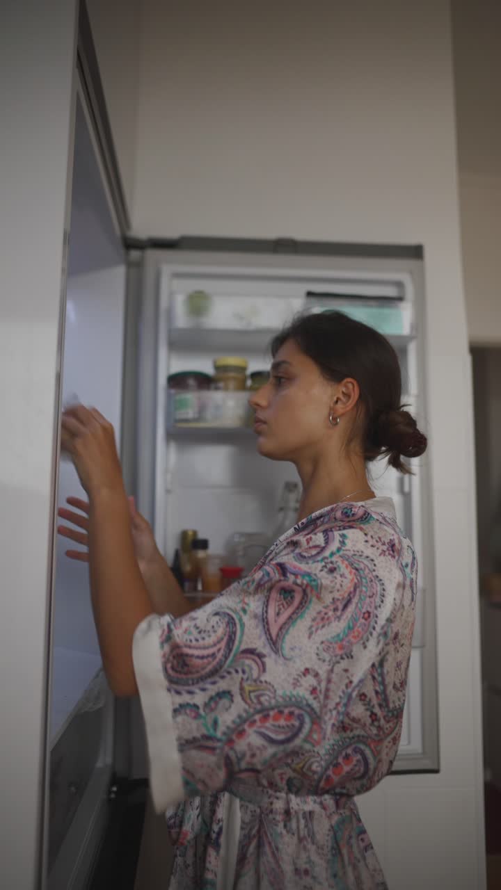 mujer mirando en el refrigerador