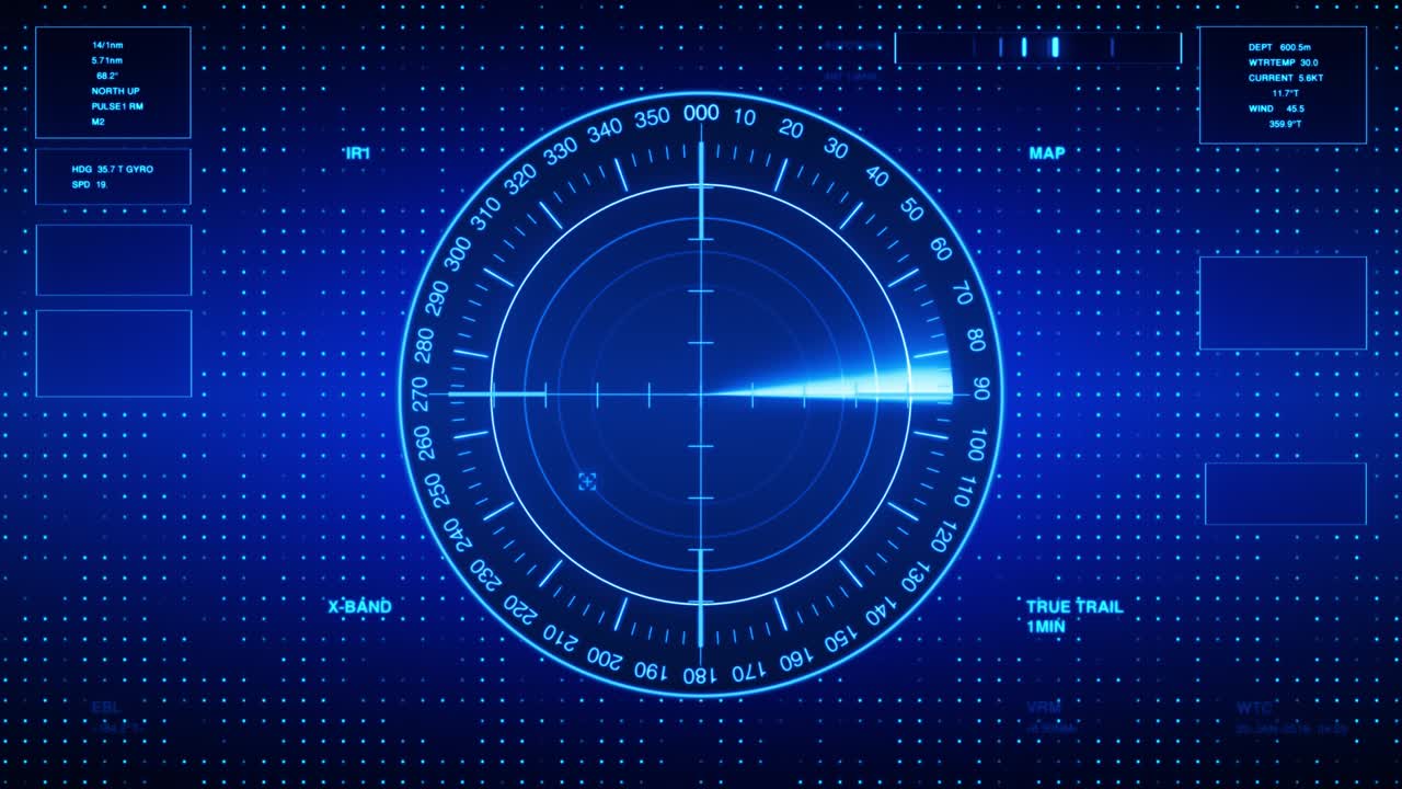 잠수함 및 선박에 대한 소나 스크린. 지도에 물체를 가진 레이더 소나. 미래의 hud 내비게이션 모니터.