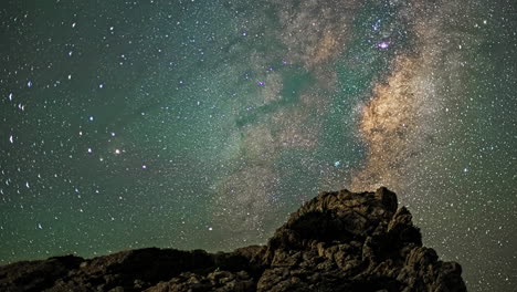 rocky mountains and majestic milky way galaxy rotate in night sky, time lapse