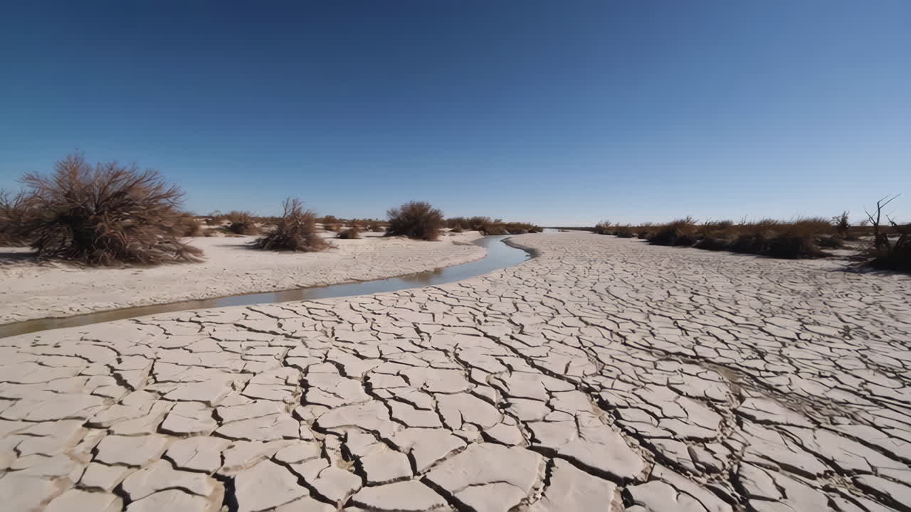 Cracked Desert Landscape with Small Stream