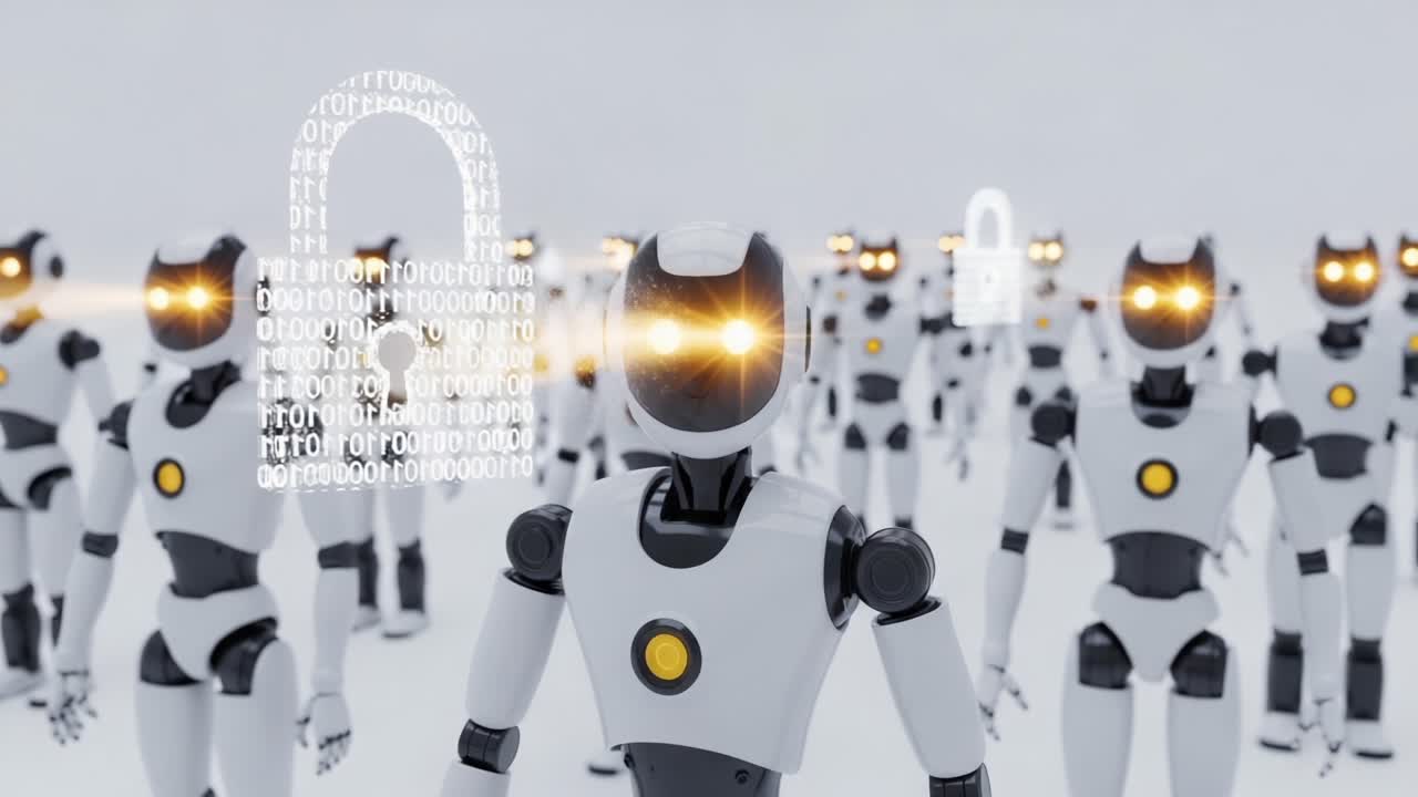 A Collective of Advanced Robots Focused on Cybersecurity, Highlighting Lock Symbols and Binary Code in an Innovative Digital Landscape of Innovation and Technology