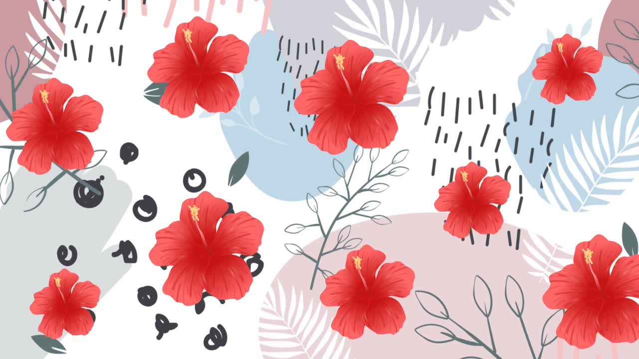 animación de flores rojas pulsando en formación sobre formas pastel sobre fondo blanco