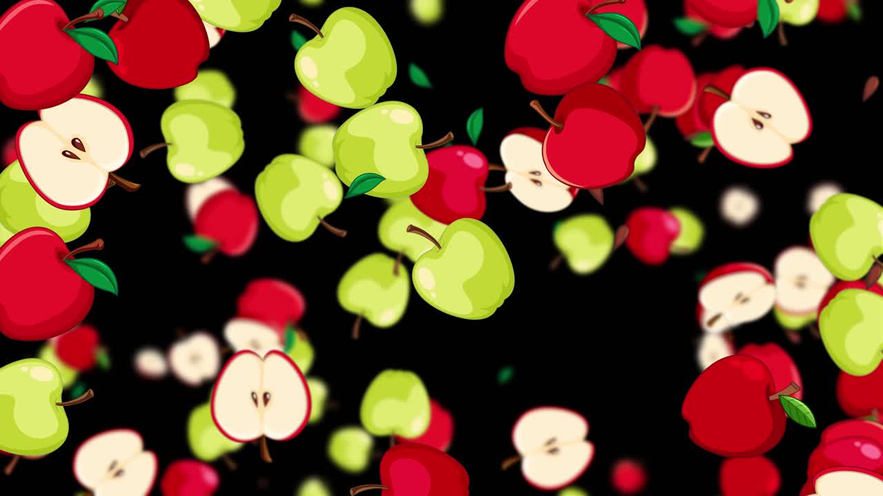 Red and green apples falling against black backdrop