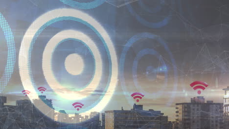 animation of skyscrapers with wifi symbols and blue and white circles