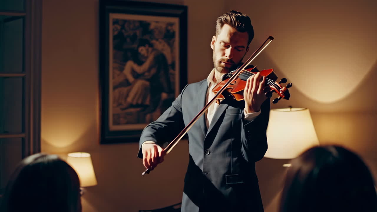 Violinist performing a solo in a home setting