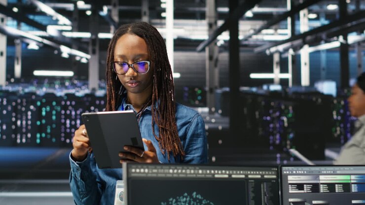 Portrait of upbeat server hub software developer using node tree software