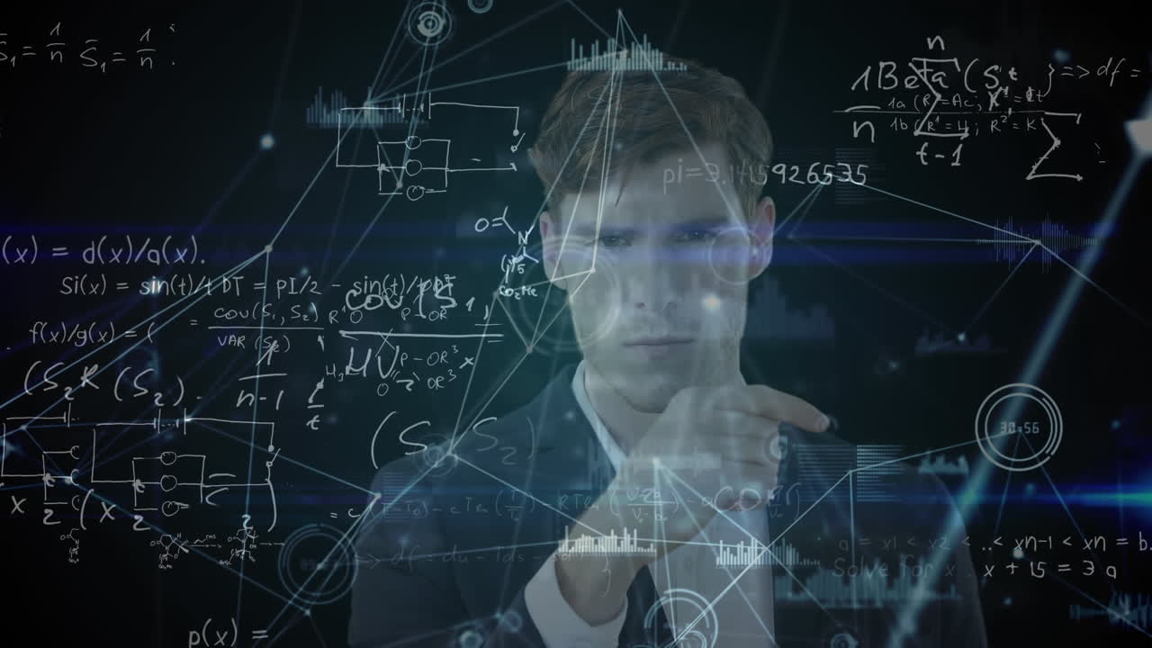 hombre trabajando en ecuaciones matemáticas animadas.