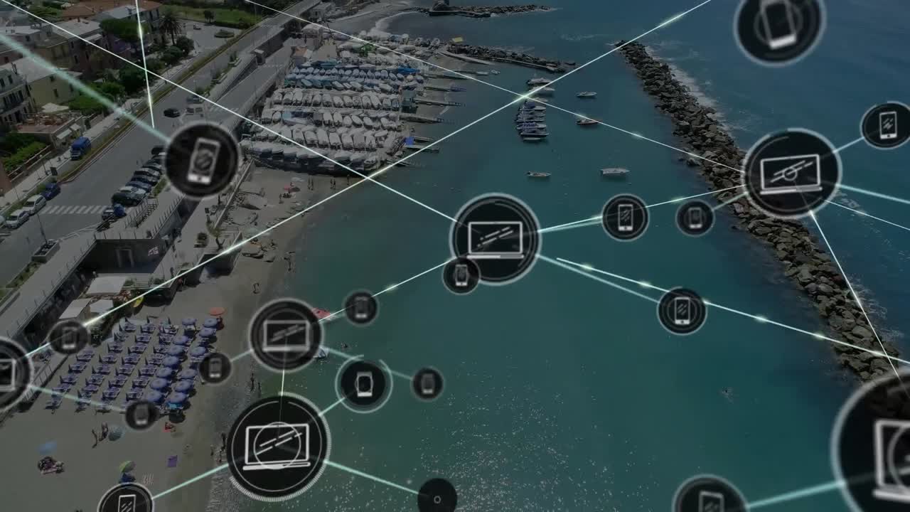 animación de la red de conexiones con iconos sobre la marina para barcos