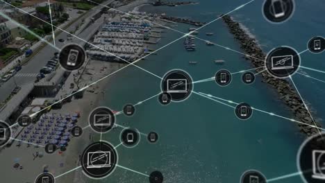 animation of network of connections with icons over marina for boat