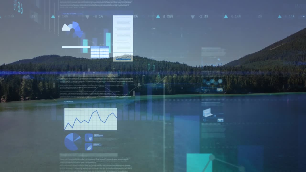 Subtle interface fading starting teal charts sliding and scaling over lake, visualizing live data