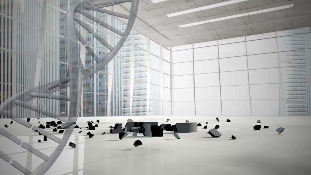 파운드 통화 기호가 떨어지고 사무실에 부 ⁇ 히는 dna 구조가 회전합니다.