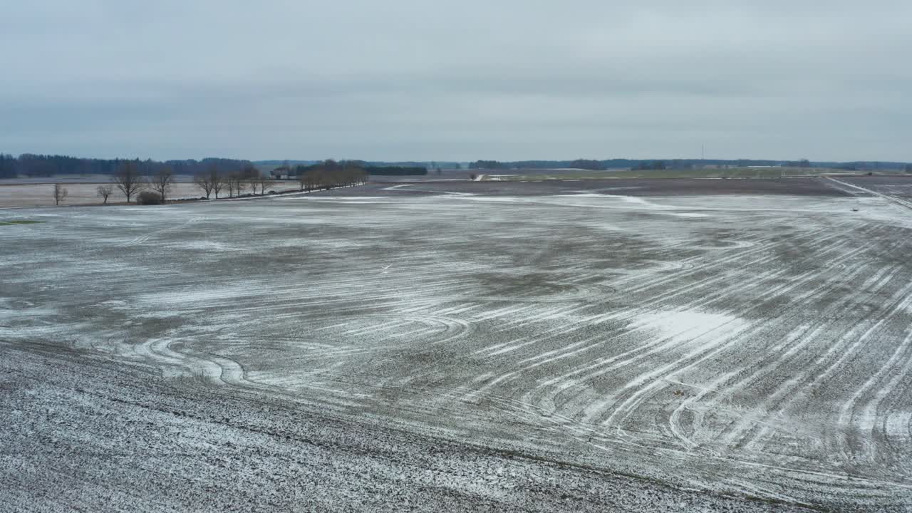 vista aérea de tierras de cultivo con una capa de nieve delgada y una pareja de cisnes volando bajo