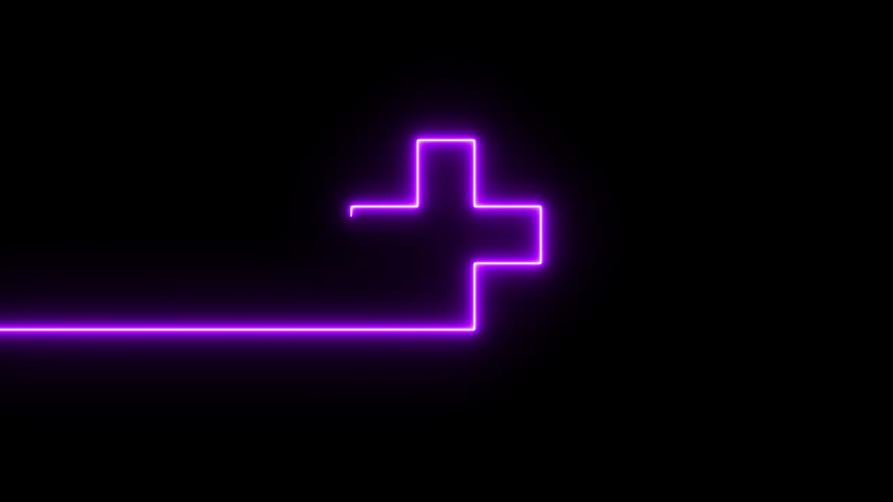 Colorful abstract plus line neon blazing symbol sign on black background. Plus neon line glowing moving motion.