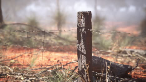 barbed wire fence post in a red dirt landscape