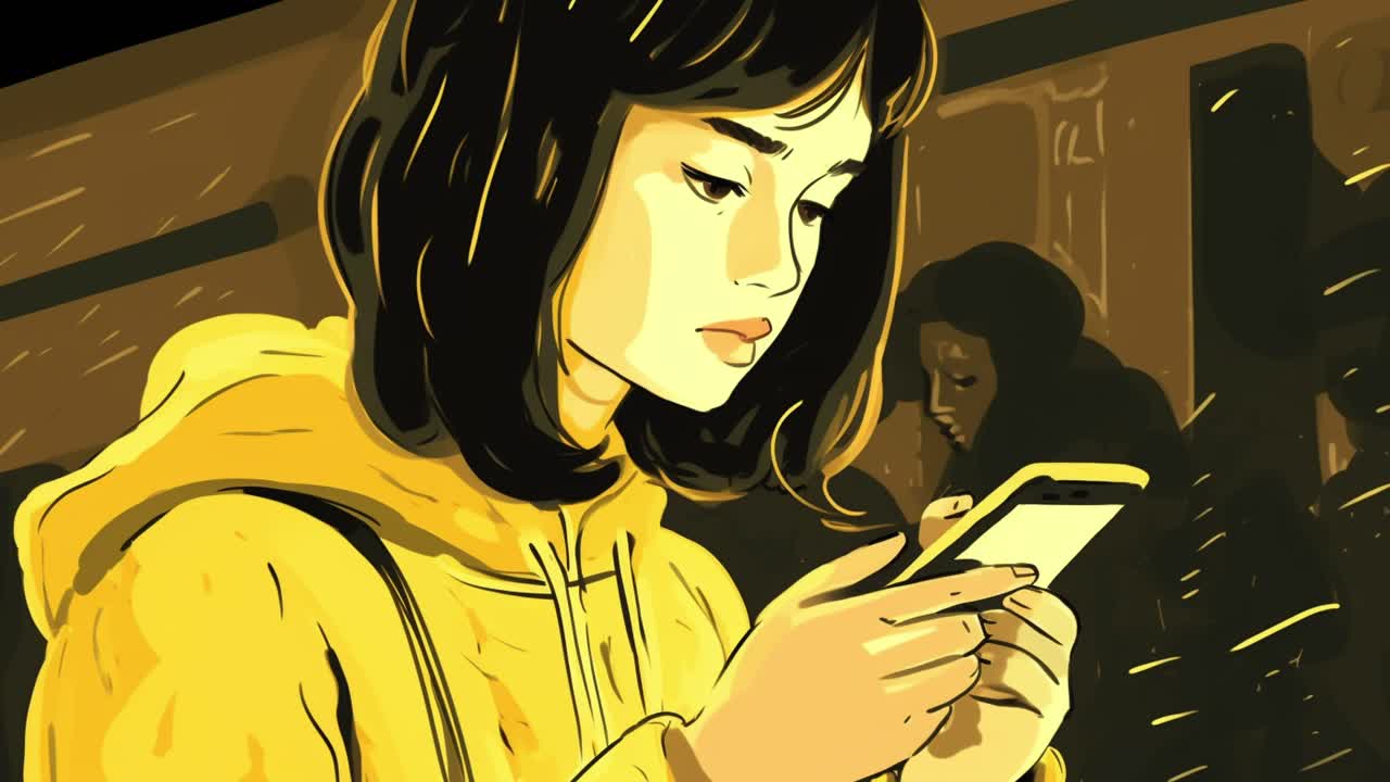 animación de una mujer joven navegando en su teléfono inteligente