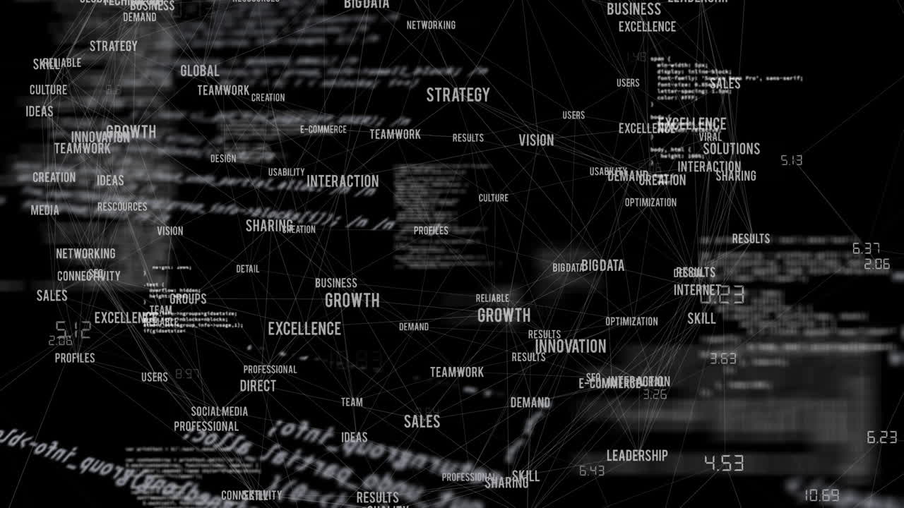 Animation of data processing and business texts on black background