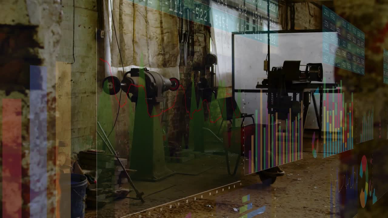 On overlay start, faint data shifting, bars changing, camera panning, revealing lathe for review