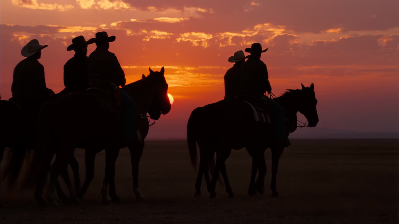 vaqueros montando caballos al atardecer
