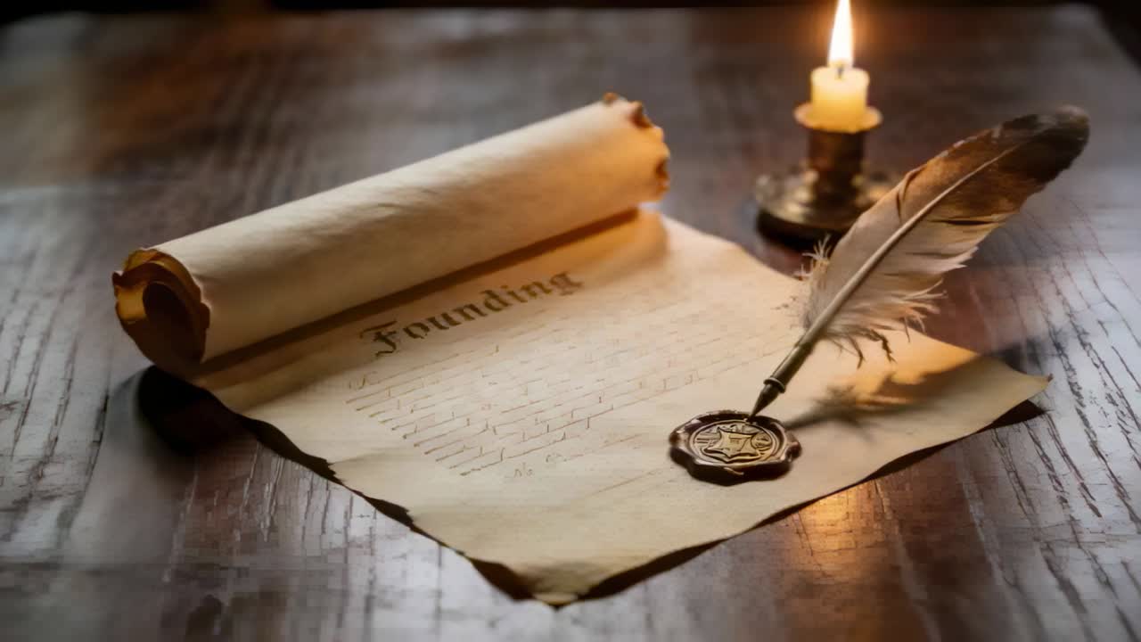 Flickering candle flame causing Founding parchment unrolling on wooden table, with quill, wax seal