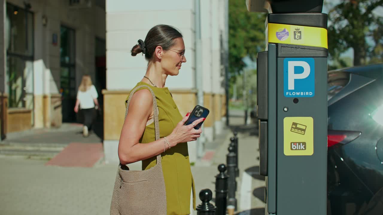 Una donna sta usando un parchimetro per pagare con il suo telefono