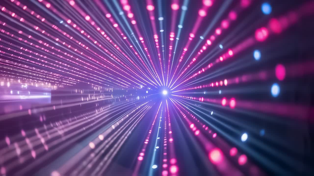 Luminous pink and blue light rays converging toward central focal point, generating mesmerizing tunnel effect with glowing radiant core, creating hypnotic visual dynamic