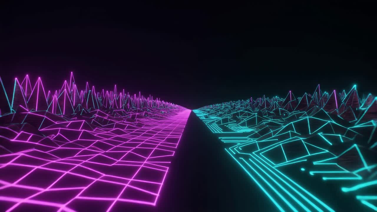 Retro Synthwave Digital Landscape with Glowing Pink and Blue Lines