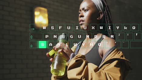 animation of data processing over african american woman drinking water and exercising in city