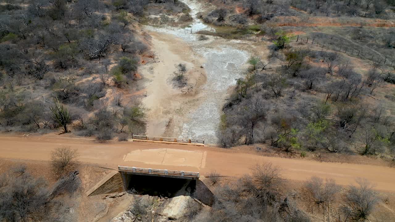 Aerial view of dry riverbed in caatinga biome due to lack of rain in northeast Brazil