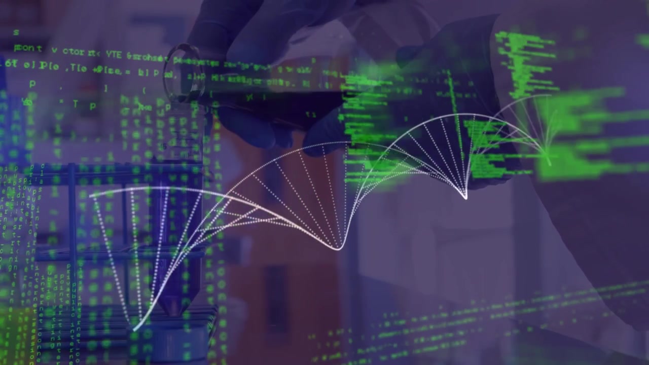 Animation of shapes over network of connections and data processing on black background
